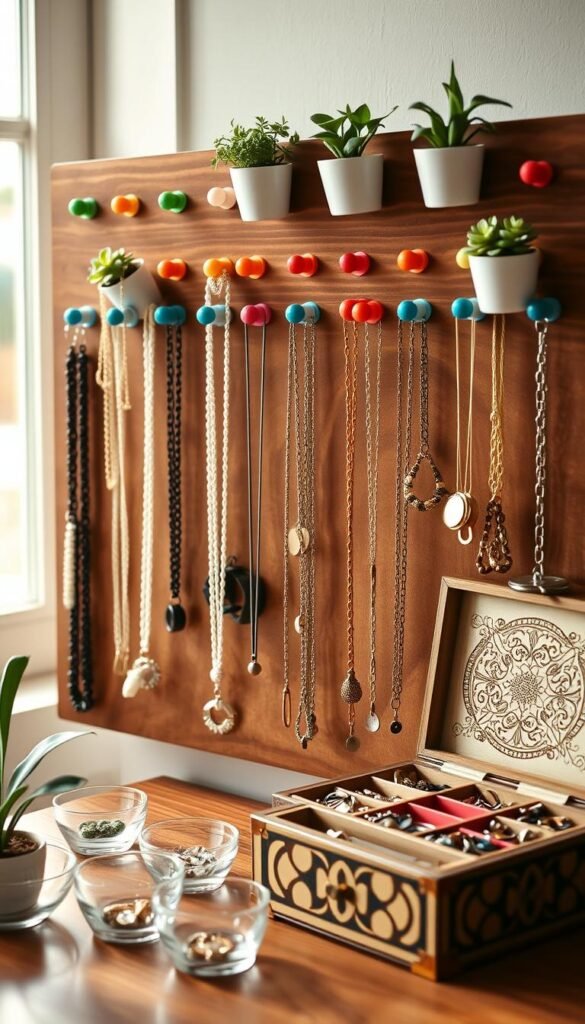 A beautifully arranged DIY jewelry organizer featuring a wooden pegboard, adorned with colorful hooks and small potted plants. In the foreground, showcase delicate necklaces draped elegantly over the hooks, alongside organized earrings in small glass bowls. The middle ground includes a stylish jewelry box with intricate designs and compartments for rings and bracelets. In the background, soft natural light streams through a nearby window, highlighting the earthy tones of the wood and the vibrant colors of the jewelry. Use a shallow depth of field to create a blurred background effect, focusing the viewer's attention on the jewelry organizer. The mood is warm, inviting, and creative, perfect for inspiring budget-friendly organization ideas. A beautifully arranged DIY jewelry organizer featuring a wooden pegboard, adorned with colorful hooks and small potted plants. In the foreground, showcase delicate necklaces draped elegantly over the hooks, alongside organized earrings in small glass bowls. The middle ground includes a stylish jewelry box with intricate designs and compartments for rings and bracelets. In the background, soft natural light streams through a nearby window, highlighting the earthy tones of the wood and the vibrant colors of the jewelry. Use a shallow depth of field to create a blurred background effect, focusing the viewer's attention on the jewelry organizer. The mood is warm, inviting, and creative, perfect for inspiring budget-friendly organization ideas.
