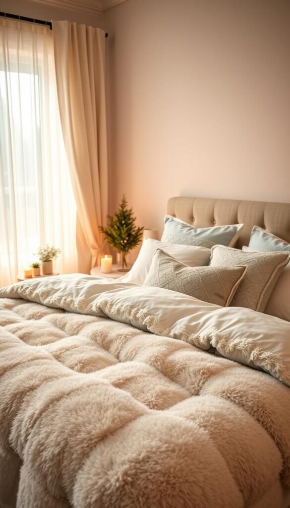 A beautifully arranged bedroom featuring plush bedding in soft, cozy fabrics with a winter theme. The foreground showcases a neatly made bed with a fluffy comforter in shades of pale blue and white, layered with decorative pillows. In the middle, there are bedside tables adorned with small potted plants and warm candles, emitting a soft glow. The background reveals a softly lit window draped with sheer curtains, allowing gentle sunlight to filter through. The atmosphere feels inviting and serene, emphasizing comfort and cleanliness. The image is captured in a wide-angle view, showcasing the entire room, with warm LED lighting that enhances the cozy ambiance.