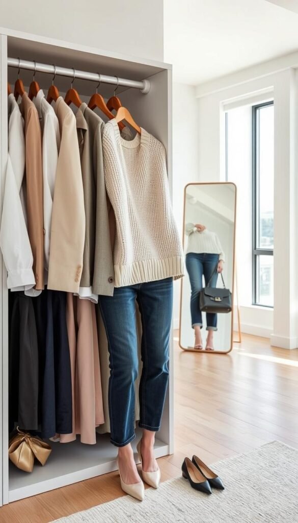 A beautifully arranged capsule wardrobe displayed in a modern, minimalistic setting. In the foreground, a well-organized wardrobe contains a selection of versatile clothing items, including tailored blazers, classic white shirts, a cozy knit sweater, and well-fitted jeans, all in a cohesive color palette of neutrals and pastels. In the middle ground, a stylish, open space features a full-length mirror reflecting the wardrobe contents, with a few accessories like a chic handbag and elegant shoes. The background showcases soft, natural lighting coming through a large window, creating a warm and inviting atmosphere. The scene conveys a sense of simplicity and sophistication, highlighting the ease of choosing outfits from a thoughtfully curated collection.