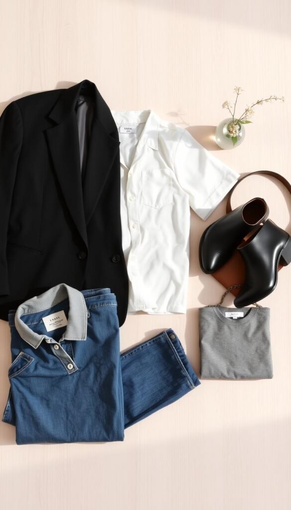 A beautifully arranged flat lay showcasing timeless wardrobe pieces for a capsule collection. In the foreground, feature a crisp white button-up shirt, a tailored black blazer, classic blue jeans, and a simple gray t-shirt, all neatly folded. The middle layer includes a pair of elegant black ankle boots and a minimalist leather handbag. In the background, soft natural light illuminates a light wooden surface, creating a warm and inviting atmosphere. Add a delicate vase with a single, fresh flower to enhance the aesthetic. Capture the image from a slightly elevated angle, ensuring clarity and detail in each piece while maintaining a cohesive, functional feel that reflects versatility and style. The overall mood should be calm and inspiring, ideal for guiding someone in building a capsule wardrobe.