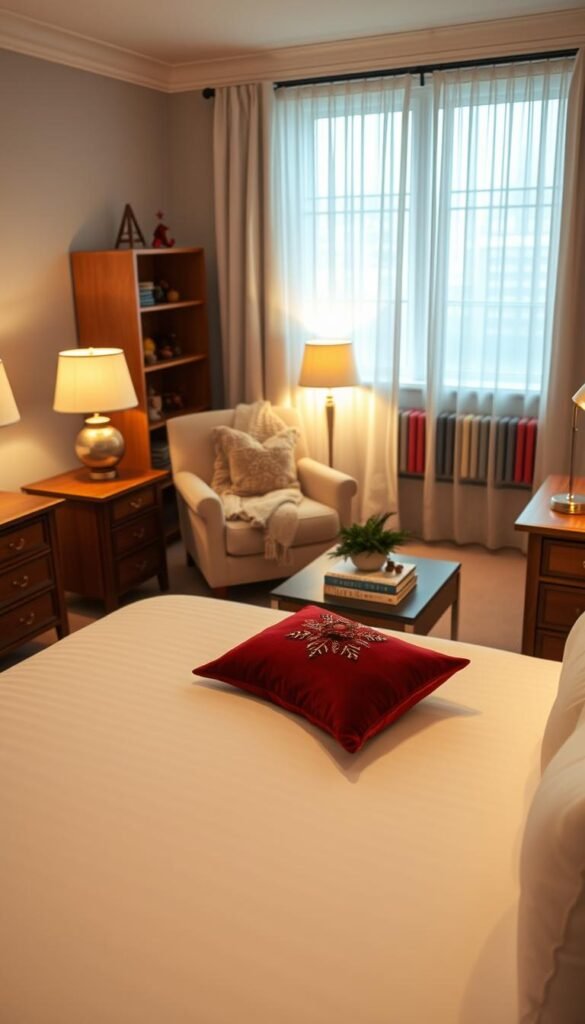 A beautifully arranged guest-ready room designed for the holidays. In the foreground, a neatly made bed with crisp white linens and a plush, decorative throw pillow in a rich, festive color. On either side of the bed, polished wooden nightstands hold soft, inviting lamps casting warm, ambient light. In the middle, a tidy seating area features a cozy armchair with a knitted blanket draped over it and a small coffee table adorned with seasonal decor—a small evergreen arrangement and a stack of colorful books. The background reveals a softly lit window with sheer drapes, letting in gentle, natural light, and a well-organized bookshelf displaying festive decorations. The overall atmosphere is warm, welcoming, and tranquil, evoking a sense of comfort and holiday spirit.