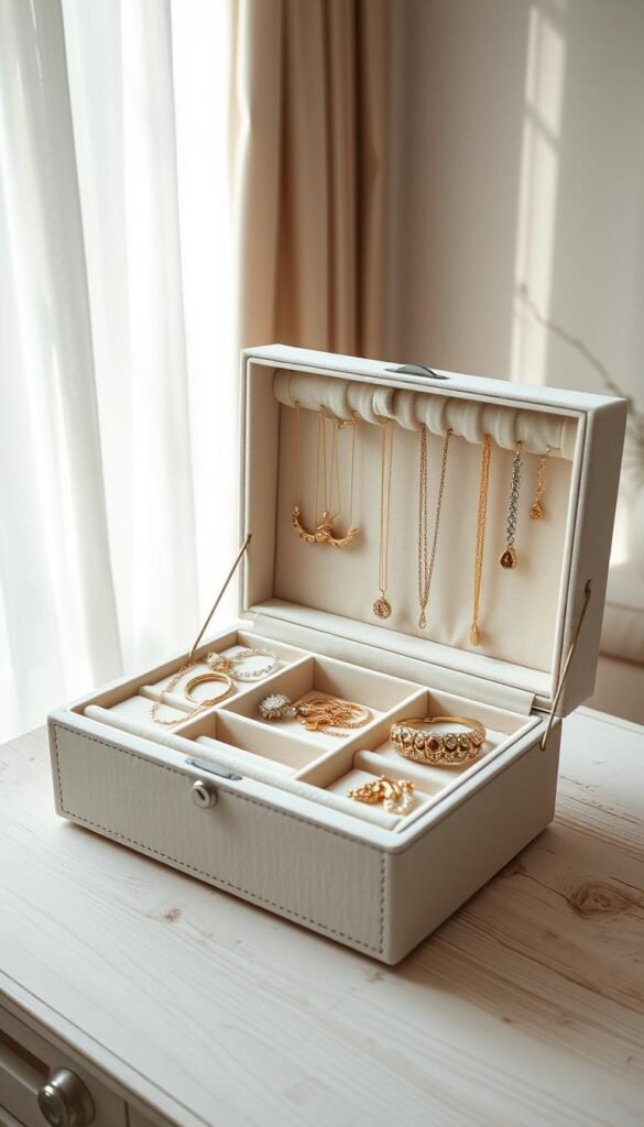 A beautifully arranged jewelry box with soft, plush compartments in various sizes, showcasing an elegant collection of necklaces, earrings, and bracelets. The box is open and sits on a light, rustic wooden surface, emphasizing its delicate craftsmanship and fine materials. Surrounding the jewelry box, you can see a softly lit, neutral-toned room with subtle natural light filtering through sheer curtains, casting gentle shadows. The atmosphere is serene and inviting, evoking a sense of organization and beauty. The lens captures the scene from a slightly elevated angle, focusing on the intricate details of the jewelry and the textures of the box itself, portraying a harmonious blend of luxury and simplicity. A beautifully arranged jewelry box with soft, plush compartments in various sizes, showcasing an elegant collection of necklaces, earrings, and bracelets. The box is open and sits on a light, rustic wooden surface, emphasizing its delicate craftsmanship and fine materials. Surrounding the jewelry box, you can see a softly lit, neutral-toned room with subtle natural light filtering through sheer curtains, casting gentle shadows. The atmosphere is serene and inviting, evoking a sense of organization and beauty. The lens captures the scene from a slightly elevated angle, focusing on the intricate details of the jewelry and the textures of the box itself, portraying a harmonious blend of luxury and simplicity.