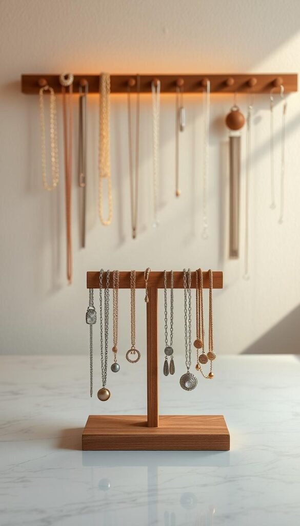 A beautifully arranged jewelry stand showcasing an array of elegant necklaces, bracelets, and earrings. The foreground features a minimalist wooden display stand, with each piece strategically placed for visibility, catching the light. In the middle ground, a softly blurred countertop enhances the jewelry while rich, warm lighting casts gentle shadows, creating a luxurious atmosphere. The background features a simple, textured wall in soft pastels to maintain focus on the jewelry. The lens captures the scene from a slight angle above, emphasizing the craftsmanship and detail of each piece. Overall, the image exudes a sense of organization and sophistication, highlighting creative storage solutions for jewelry. A beautifully arranged jewelry stand showcasing an array of elegant necklaces, bracelets, and earrings. The foreground features a minimalist wooden display stand, with each piece strategically placed for visibility, catching the light. In the middle ground, a softly blurred countertop enhances the jewelry while rich, warm lighting casts gentle shadows, creating a luxurious atmosphere. The background features a simple, textured wall in soft pastels to maintain focus on the jewelry. The lens captures the scene from a slight angle above, emphasizing the craftsmanship and detail of each piece. Overall, the image exudes a sense of organization and sophistication, highlighting creative storage solutions for jewelry.