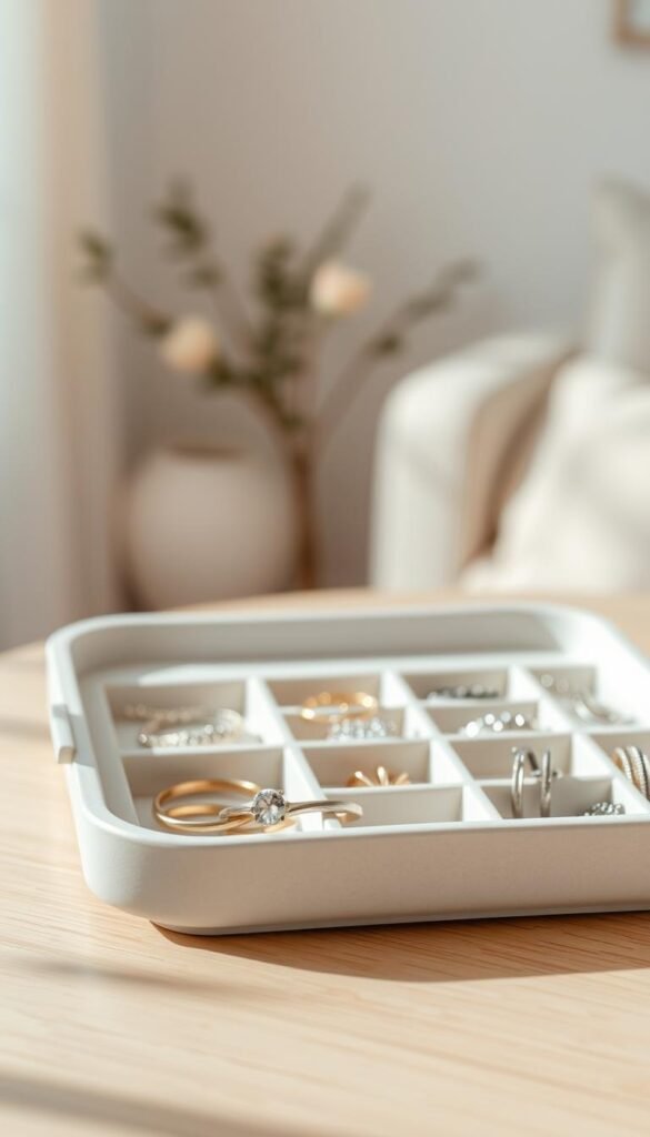 A beautifully arranged jewelry tray set against a soft, natural light backdrop. The tray is elegantly designed, featuring a smooth, polished surface with compartments holding an assortment of sparkling jewelry pieces like necklaces, earrings, and rings, all neatly organized. In the foreground, a delicate silver ring catches the light, creating a glimmering effect. In the middle, the tray is placed atop a minimalistic wooden table, enhancing the tranquil atmosphere. The background is softly blurred, hinting at a serene room with pastel-colored walls. The overall mood conveys calmness and organization, inviting the viewer to explore ideas for a tidy jewelry display. Shot with a shallow depth of field for an intimate feel and subtle shadows enhancing depth. A beautifully arranged jewelry tray set against a soft, natural light backdrop. The tray is elegantly designed, featuring a smooth, polished surface with compartments holding an assortment of sparkling jewelry pieces like necklaces, earrings, and rings, all neatly organized. In the foreground, a delicate silver ring catches the light, creating a glimmering effect. In the middle, the tray is placed atop a minimalistic wooden table, enhancing the tranquil atmosphere. The background is softly blurred, hinting at a serene room with pastel-colored walls. The overall mood conveys calmness and organization, inviting the viewer to explore ideas for a tidy jewelry display. Shot with a shallow depth of field for an intimate feel and subtle shadows enhancing depth.