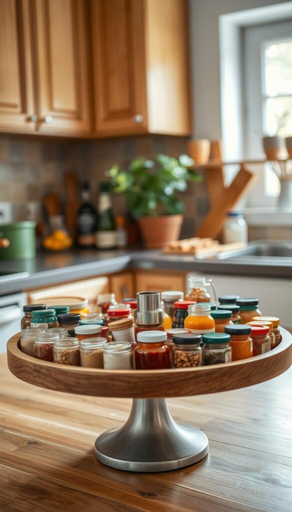 A beautifully arranged lazy Susan in a cozy, well-lit kitchen, showcasing an array of colorful spices, small jars, and condiments artfully displayed. The foreground features a wooden lazy Susan, rich in texture, pivoting smoothly, with various appealing containers arranged in neat order. In the middle ground, a backdrop includes warm kitchen elements like wooden cabinets and a small potted herb plant enhancing the space's vibrancy. Soft, natural lighting filters in through a nearby window, creating a serene and inviting atmosphere. The angle captures the lazy Susan's rotation as if inviting viewers to explore each section deeply, reflecting ease and accessibility in kitchen storage solutions.