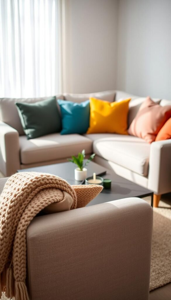 A beautifully arranged living room featuring a stylish, modern sofa in a soft, inviting fabric, such as light gray or beige. The sofa is adorned with a mix of colorful throw pillows, adding a pop of personality. In the foreground, a cozy knitted throw drapes casually over the arm. The middle of the scene showcases a sleek coffee table with a small potted plant and a decorative candle. In the background, soft natural light filters through sheer curtains, illuminating the space with a warm glow. The walls are a subtle pastel color, enhancing the room’s serene atmosphere. This inviting setting captures the essence of budget-friendly living room refreshes, embodying comfort and style in a harmonious way. Shot with a 35mm lens to create a soft focus on the background, emphasizing the sofa as the focal point. A beautifully arranged living room featuring a stylish, modern sofa in a soft, inviting fabric, such as light gray or beige. The sofa is adorned with a mix of colorful throw pillows, adding a pop of personality. In the foreground, a cozy knitted throw drapes casually over the arm. The middle of the scene showcases a sleek coffee table with a small potted plant and a decorative candle. In the background, soft natural light filters through sheer curtains, illuminating the space with a warm glow. The walls are a subtle pastel color, enhancing the room’s serene atmosphere. This inviting setting captures the essence of budget-friendly living room refreshes, embodying comfort and style in a harmonious way. Shot with a 35mm lens to create a soft focus on the background, emphasizing the sofa as the focal point.