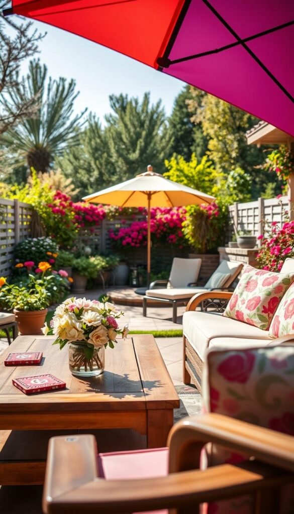 A beautifully arranged outdoor furniture setup in a spring garden, showcasing a cozy seating area with a stylish, weather-resistant sofa decorated with bright, floral cushions. In the foreground, a wooden coffee table adorned with a vase of fresh spring flowers and a set of colorful coasters. The middle section features a sun-drenched patio with two elegant lounge chairs positioned beneath a large, colorful umbrella, creating a perfect relaxation spot. In the background, a vibrant array of blooming flowers and lush greenery set the scene for a peaceful outdoor retreat. The lighting is warm and inviting, reminiscent of a sunny spring afternoon, captured from a slightly elevated angle to reveal the cozy layout and the lively atmosphere of the outdoor space. A beautifully arranged outdoor furniture setup in a spring garden, showcasing a cozy seating area with a stylish, weather-resistant sofa decorated with bright, floral cushions. In the foreground, a wooden coffee table adorned with a vase of fresh spring flowers and a set of colorful coasters. The middle section features a sun-drenched patio with two elegant lounge chairs positioned beneath a large, colorful umbrella, creating a perfect relaxation spot. In the background, a vibrant array of blooming flowers and lush greenery set the scene for a peaceful outdoor retreat. The lighting is warm and inviting, reminiscent of a sunny spring afternoon, captured from a slightly elevated angle to reveal the cozy layout and the lively atmosphere of the outdoor space.
