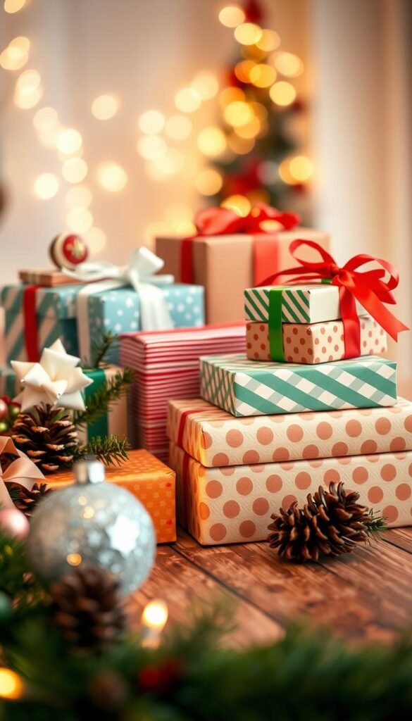 A beautifully arranged selection of colorful gifts of various shapes and sizes, nestled amidst ribbons and wrapping paper, is placed on a rustic wooden table. In the foreground, a sparkling ornament and pinecones accentuate the festive atmosphere, while soft fairy lights twinkle in the background. The mid-ground features a neatly stacked set of Christmas boxes, each adorned with distinct patterns like snowflakes, stripes, and polka dots. The lighting is warm and inviting, creating a cozy and cheerful mood. A shallow depth of field emphasizes the gifts while softly blurring the festive decorations in the back, capturing the essence of a pre-holiday declutter. The overall composition evokes a sense of anticipation and joy associated with the gift-giving season.
