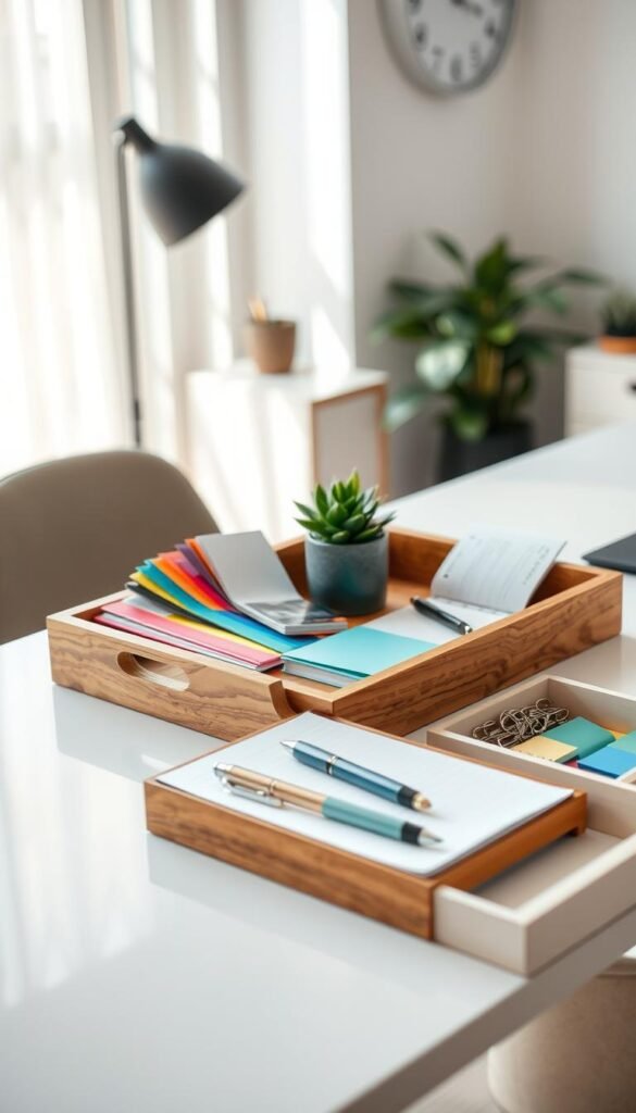 A beautifully arranged wooden tray filled with everyday essentials, like colorful stationery, a small plant, a notepad, and a stylish pen, placed on a minimalist desk. In the foreground, focus on the textures of the tray and its contents, showcasing vibrant colors and clever organization. In the middle ground, the organized workspace should include an elegant drawer partially open, revealing more organizational items, such as paper clips and sticky notes. The background features a soft, blurred view of an airy office with natural light streaming in through a window, creating a calming atmosphere. Use a warm color palette for a serene mood, with soft shadows and highlights, captured with a shallow depth of field to draw attention to the tray while maintaining a professional look.
