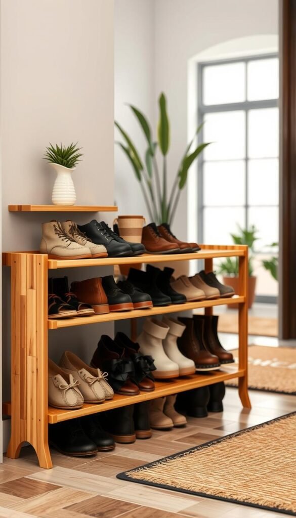 A beautifully crafted bamboo shoe rack, designed to showcase its natural warmth and elegance. The foreground features the shoe rack filled with a variety of stylish footwear, arranged neatly in an organized fashion. In the middle, the bamboo texture is highlighted, revealing its smooth finish and natural color variations, which range from light tan to deeper browns. The background includes a softly lit entryway with a minimalistic decor, such as indoor plants and a welcoming doormat. Soft, diffused lighting enhances the inviting atmosphere, while the camera angle is slightly elevated, focusing on the rack’s design. The mood is warm and inviting, perfect for a cozy home entryway, emphasizing sustainability and style. No people or text elements are included in the image.