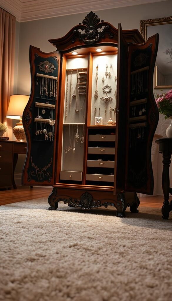 A beautifully crafted jewelry armoire stands elegantly in the foreground, showcasing an intricate design with ornate carvings and a rich wood finish. The doors are slightly ajar to reveal a well-organized interior filled with a variety of jewels, including necklaces, earrings, and rings displayed in velvet-lined compartments. Soft, diffused lighting casts a warm glow, highlighting the sparkle of the gems and the glossy finish of the armoire. The middle ground features a plush carpet, creating a cozy atmosphere, while the background hints at a tastefully decorated room with gentle colors and tasteful decor, evoking a sense of sophistication and luxury. The angle captures the armoire from a slight side view, emphasizing its depth and craftsmanship. The overall mood is inviting, elegant, and perfect for showcasing a large jewelry collection. A beautifully crafted jewelry armoire stands elegantly in the foreground, showcasing an intricate design with ornate carvings and a rich wood finish. The doors are slightly ajar to reveal a well-organized interior filled with a variety of jewels, including necklaces, earrings, and rings displayed in velvet-lined compartments. Soft, diffused lighting casts a warm glow, highlighting the sparkle of the gems and the glossy finish of the armoire. The middle ground features a plush carpet, creating a cozy atmosphere, while the background hints at a tastefully decorated room with gentle colors and tasteful decor, evoking a sense of sophistication and luxury. The angle captures the armoire from a slight side view, emphasizing its depth and craftsmanship. The overall mood is inviting, elegant, and perfect for showcasing a large jewelry collection.