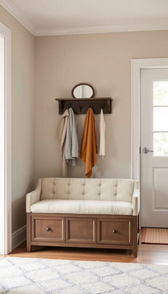 A beautifully designed entryway featuring a stylish bench with storage beneath its seat, surrounded by a modern hall tree. The bench is upholstered in a soft, neutral fabric, positioned prominently in the foreground, showcasing its practicality and elegance. In the middle, the hall tree features hooks for coats and a small, decorative mirror above it, enhancing its functionality. The background reveals a serene interior with soft, natural lighting streaming in through a nearby window, creating a warm and inviting atmosphere. The space should evoke a sense of organization and tranquility, emphasizing small-space solutions without clutter. The angle is slightly angled from above, providing a clear view of both the bench and the hall tree in a cozy entryway setting. A beautifully designed entryway featuring a stylish bench with storage beneath its seat, surrounded by a modern hall tree. The bench is upholstered in a soft, neutral fabric, positioned prominently in the foreground, showcasing its practicality and elegance. In the middle, the hall tree features hooks for coats and a small, decorative mirror above it, enhancing its functionality. The background reveals a serene interior with soft, natural lighting streaming in through a nearby window, creating a warm and inviting atmosphere. The space should evoke a sense of organization and tranquility, emphasizing small-space solutions without clutter. The angle is slightly angled from above, providing a clear view of both the bench and the hall tree in a cozy entryway setting.