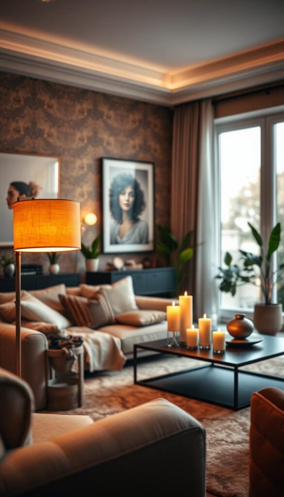 A beautifully designed living room featuring warm, inviting lighting that enhances the space's shape and comfort. In the foreground, a stylish floor lamp with a soft amber glow illuminates a cozy reading nook with plush cushions and a stylish throw. In the middle, a sleek coffee table holds candles, casting a gentle flickering light, while large windows allow natural daylight to mix with the artificial lighting, creating a harmonious balance. The background showcases elegant wall art and indoor plants, subtly highlighted by warm wallpaper tones that draw the eye in. The scene is captured with a soft-focus lens effect to evoke a tranquil atmosphere, perfect for relaxation. The overall mood is inviting and serene, promoting a sense of comfort and rejuvenation within the living space. A beautifully designed living room featuring warm, inviting lighting that enhances the space's shape and comfort. In the foreground, a stylish floor lamp with a soft amber glow illuminates a cozy reading nook with plush cushions and a stylish throw. In the middle, a sleek coffee table holds candles, casting a gentle flickering light, while large windows allow natural daylight to mix with the artificial lighting, creating a harmonious balance. The background showcases elegant wall art and indoor plants, subtly highlighted by warm wallpaper tones that draw the eye in. The scene is captured with a soft-focus lens effect to evoke a tranquil atmosphere, perfect for relaxation. The overall mood is inviting and serene, promoting a sense of comfort and rejuvenation within the living space.