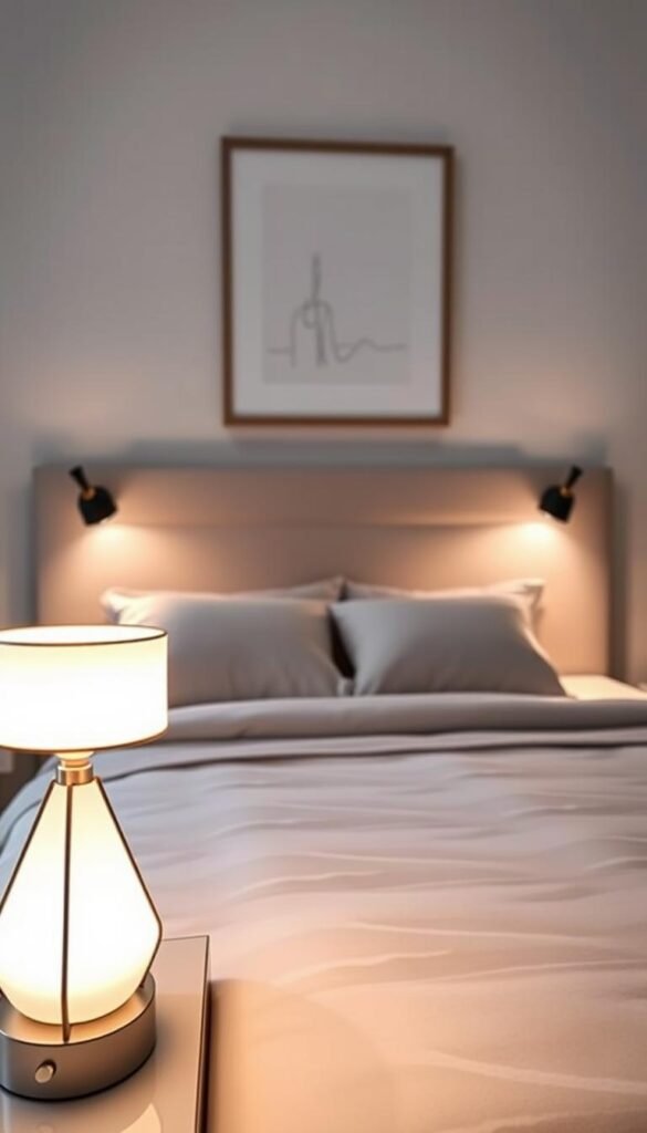A beautifully designed minimalist bedroom featuring sleek nightstands on either side of a neatly made bed. Each nightstand is adorned with modern bedside lamps that emit a soft, warm glow, creating a serene atmosphere. The foreground showcases a stylish lamp with a geometric base, while the middle layer reveals a plush duvet with soothing neutral tones. In the background, a simple piece of abstract art hangs above the bed, complementing the overall decor. The lighting is soft and diffused, accentuating the clean lines and muted color palette. The angle captures the essence of tranquility, emphasizing functionality while exuding a chic elegance, perfect for a contemporary minimalist aesthetic.