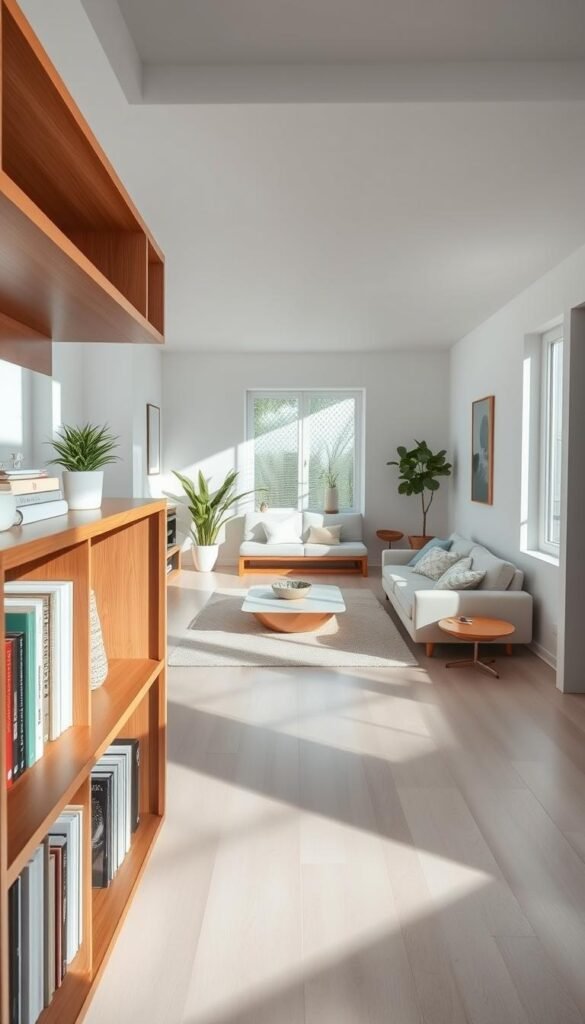 A beautifully designed minimalist room featuring clearly defined systems for organization. In the foreground, a sleek wooden shelf displays neatly stacked books and a few indoor plants, adding a touch of greenery. In the middle, a well-organized living space showcases a comfortable couch with simple cushions and a low coffee table adorned with a decorative bowl. The background reveals an open-plan layout with light-colored walls and large windows that invite natural daylight, creating an airy atmosphere. Soft shadows dance across the room, emphasizing the clean lines and functional decor. The overall mood is serene and inviting, reflecting a harmonious blend of style and simplicity.