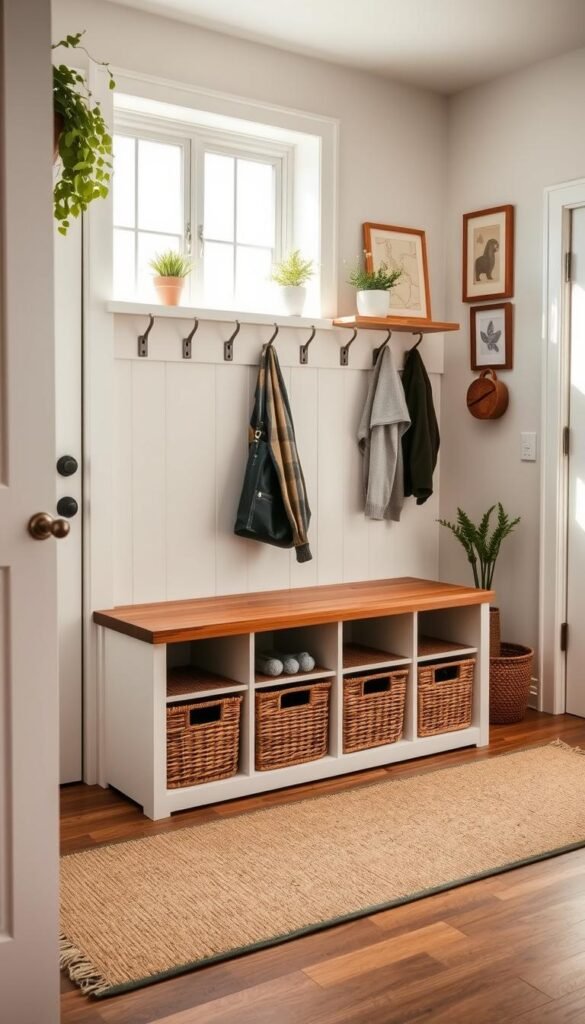A beautifully designed mudroom bench takes center stage in a cozy, well-lit entryway. The bench features a rustic wooden top, complemented by a series of woven storage baskets underneath for organization. On one side, a neat row of hooks hangs jackets and bags, while a stylish area rug adds warmth to the space. Natural light streams through a nearby window, illuminating the room with a soft, inviting glow. The background showcases charming decorative elements like potted plants and framed artwork, enhancing the atmosphere of homely comfort and functionality. This setup illustrates a practical "drop zone" that promotes tidiness and organization in a modern home. The image should be shot with a wide-angle lens to capture the full perspective of the space, with an emphasis on the interplay of light and shadow for added depth. A beautifully designed mudroom bench takes center stage in a cozy, well-lit entryway. The bench features a rustic wooden top, complemented by a series of woven storage baskets underneath for organization. On one side, a neat row of hooks hangs jackets and bags, while a stylish area rug adds warmth to the space. Natural light streams through a nearby window, illuminating the room with a soft, inviting glow. The background showcases charming decorative elements like potted plants and framed artwork, enhancing the atmosphere of homely comfort and functionality. This setup illustrates a practical "drop zone" that promotes tidiness and organization in a modern home. The image should be shot with a wide-angle lens to capture the full perspective of the space, with an emphasis on the interplay of light and shadow for added depth.