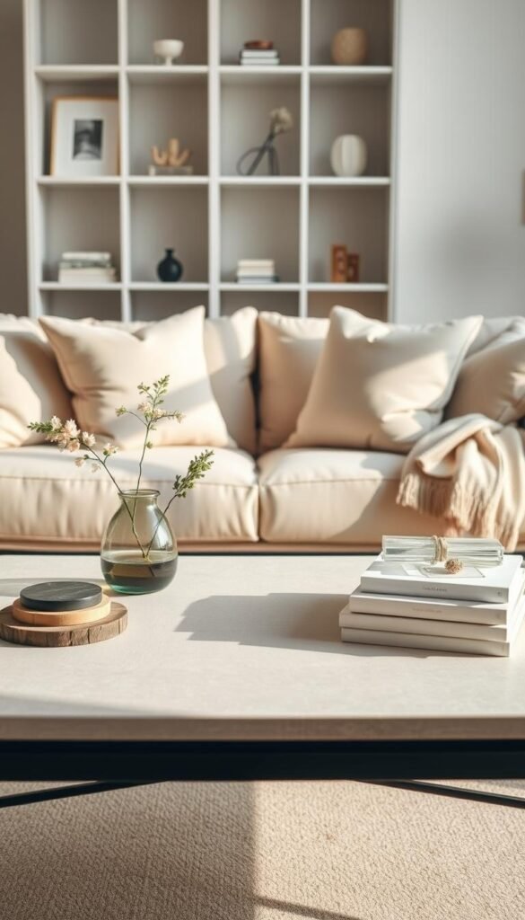 A beautifully organized and stylish coffee table in a minimalist living room setting. In the foreground, focus on the coffee table with a soft, neutral-colored tablecloth, neatly arranged with a few elegant coasters and a decorative plant. On one side, a simple but artistic vase with fresh flowers; on the other, a stack of curated, neatly arranged books, showcasing clean lines and calm colors. In the middle ground, a cozy sofa with light, inviting pillows, and a subtle throw blanket draped over one arm. The background features a softly blurred bookshelf filled with minimal decorative items. The lighting is warm and natural, casting gentle shadows, creating an inviting atmosphere. The composition emphasizes cleanliness and tranquility, reflecting an effective maintenance routine and a quick reset for a minimalist coffee table. A beautifully organized and stylish coffee table in a minimalist living room setting. In the foreground, focus on the coffee table with a soft, neutral-colored tablecloth, neatly arranged with a few elegant coasters and a decorative plant. On one side, a simple but artistic vase with fresh flowers; on the other, a stack of curated, neatly arranged books, showcasing clean lines and calm colors. In the middle ground, a cozy sofa with light, inviting pillows, and a subtle throw blanket draped over one arm. The background features a softly blurred bookshelf filled with minimal decorative items. The lighting is warm and natural, casting gentle shadows, creating an inviting atmosphere. The composition emphasizes cleanliness and tranquility, reflecting an effective maintenance routine and a quick reset for a minimalist coffee table.
