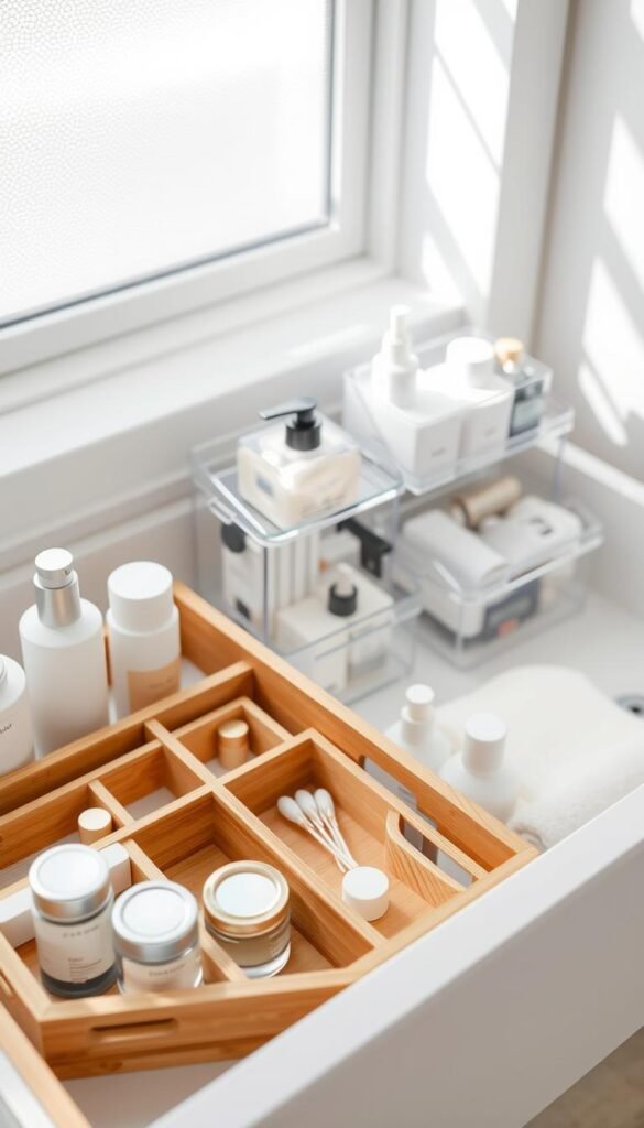 A beautifully organized bathroom drawer featuring an assortment of minimalist product containers and organizers. In the foreground, showcase elegant bamboo dividers neatly holding skincare products, small jars for cotton swabs, and a sleek tray for makeup essentials. The middle layer features various clear acrylic bins containing personal care items arranged by category, highlighting simplicity and functionality. In the background, soft, natural light filters through a frosted window, casting gentle shadows and emphasizing the clean lines of the containers. The overall atmosphere is calm and serene, reflecting a well-organized space that promotes minimalism and efficiency. Ensure the composition is clean, with a focus on the textures and materials of the organizers, using a soft-focus lens to create a cozy ambiance. A beautifully organized bathroom drawer featuring an assortment of minimalist product containers and organizers. In the foreground, showcase elegant bamboo dividers neatly holding skincare products, small jars for cotton swabs, and a sleek tray for makeup essentials. The middle layer features various clear acrylic bins containing personal care items arranged by category, highlighting simplicity and functionality. In the background, soft, natural light filters through a frosted window, casting gentle shadows and emphasizing the clean lines of the containers. The overall atmosphere is calm and serene, reflecting a well-organized space that promotes minimalism and efficiency. Ensure the composition is clean, with a focus on the textures and materials of the organizers, using a soft-focus lens to create a cozy ambiance.