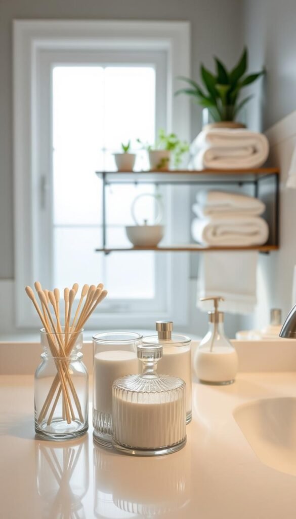 A beautifully organized bathroom scene, showcasing a decluttered countertop with neatly arranged items. In the foreground, display a set of elegant glass containers holding various toiletries such as cotton swabs and bath salts, contributing to a clean aesthetic. The middle ground features a minimalistic floating shelf displaying fresh towels and plant accents, evoking a sense of tranquility. In the background, soft natural light filters through frosted glass windows, creating a warm and inviting atmosphere. The color palette includes calming whites and soft pastels, emphasizing a serene environment. The composition captures a close-up perspective, ensuring the focus remains on the decluttered arrangement while inviting viewers to imagine a peaceful daily routine.