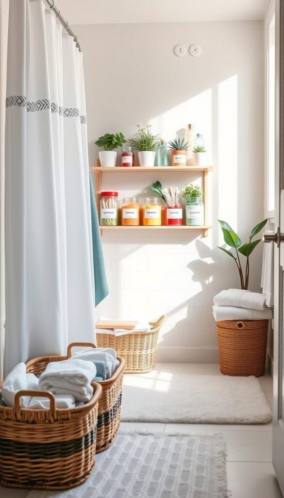 A beautifully organized bathroom scene showcasing various practical organization hacks. In the foreground, neatly arranged storage baskets contain toiletries and towels, while a stylish shower curtain drapes gracefully above. The middle features a wall-mounted shelf filled with colorful jars of cotton swabs, soaps, and bath accessories neatly labeled, creating a sense of order. A touch of greenery with small potted plants adds freshness. In the background, soft natural light filters through a window, casting gentle shadows that enhance the serene atmosphere. The floor is tiled with light ceramic, and a plush bath mat is placed invitingly. The overall mood is tranquil and inspiring, perfect for visually conveying effective bathroom organization strategies. A beautifully organized bathroom scene showcasing various practical organization hacks. In the foreground, neatly arranged storage baskets contain toiletries and towels, while a stylish shower curtain drapes gracefully above. The middle features a wall-mounted shelf filled with colorful jars of cotton swabs, soaps, and bath accessories neatly labeled, creating a sense of order. A touch of greenery with small potted plants adds freshness. In the background, soft natural light filters through a window, casting gentle shadows that enhance the serene atmosphere. The floor is tiled with light ceramic, and a plush bath mat is placed invitingly. The overall mood is tranquil and inspiring, perfect for visually conveying effective bathroom organization strategies.