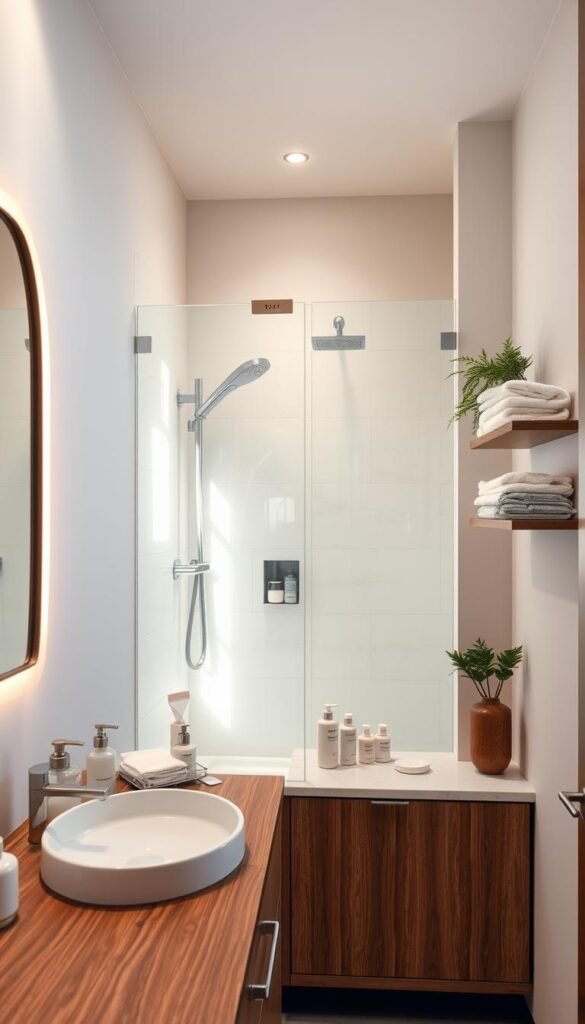 A beautifully organized bathroom showcasing distinct zones for different functions. In the foreground, neatly organized toiletries are arranged on a wooden vanity, featuring a stylish mirror with soft, warm backlighting. The middle zone displays a well-organized shower area with clear, labeled storage for bath products, accented by soft, diffused natural light filtering through frosted glass. In the background, a small shelf holds neatly folded towels and greenery, enhancing the tranquil atmosphere. Use a wide-angle lens to capture the spacious feel of the bathroom, focusing on clean lines and a minimalistic design. The mood should be serene and inviting, emphasizing a decluttered, functional space that feels both modern and comfortable. A beautifully organized bathroom showcasing distinct zones for different functions. In the foreground, neatly organized toiletries are arranged on a wooden vanity, featuring a stylish mirror with soft, warm backlighting. The middle zone displays a well-organized shower area with clear, labeled storage for bath products, accented by soft, diffused natural light filtering through frosted glass. In the background, a small shelf holds neatly folded towels and greenery, enhancing the tranquil atmosphere. Use a wide-angle lens to capture the spacious feel of the bathroom, focusing on clean lines and a minimalistic design. The mood should be serene and inviting, emphasizing a decluttered, functional space that feels both modern and comfortable.