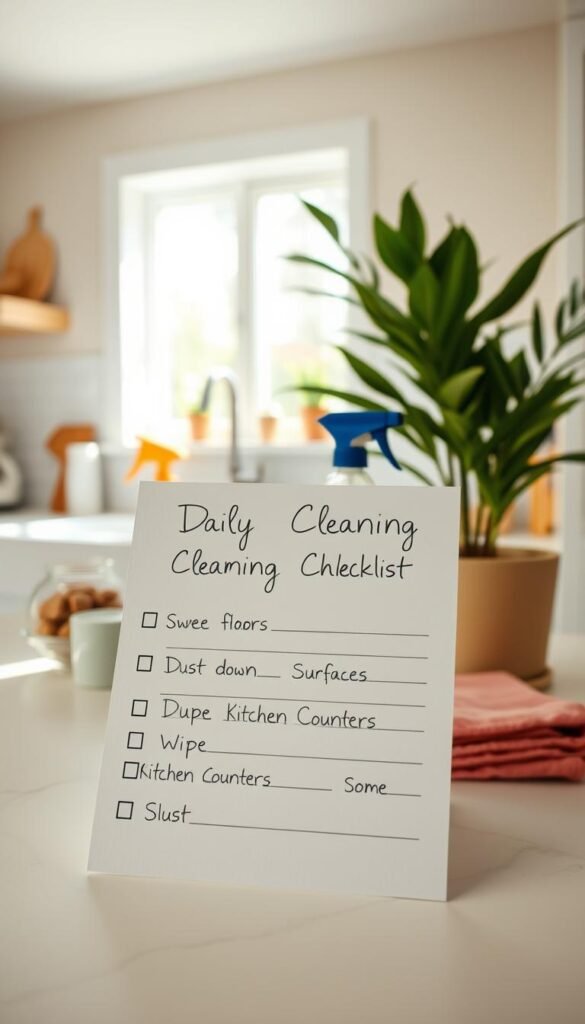 A beautifully organized daily cleaning checklist appears prominently in the foreground, featuring neatly arranged tasks such as "Sweep Floors," "Dust Surfaces," and "Wipe Down Kitchen Counters" in clear, handwritten-style font. The checklist is set against a softly lit kitchen countertop, with ingredients and cleaning supplies artfully arranged in the middle ground, including a spray bottle, microfiber cloths, and a potted plant, bringing a touch of nature indoors. The background shows a bright and inviting kitchen space with natural light streaming in through a window, casting gentle shadows that enhance the serene atmosphere. The overall mood is fresh and motivating, ideal for inspiring readers to embrace their cleaning routines during the spring season. Capture the scene with a warm, inviting color palette and a slight top-down angle to showcase the checklist's details. A beautifully organized daily cleaning checklist appears prominently in the foreground, featuring neatly arranged tasks such as "Sweep Floors," "Dust Surfaces," and "Wipe Down Kitchen Counters" in clear, handwritten-style font. The checklist is set against a softly lit kitchen countertop, with ingredients and cleaning supplies artfully arranged in the middle ground, including a spray bottle, microfiber cloths, and a potted plant, bringing a touch of nature indoors. The background shows a bright and inviting kitchen space with natural light streaming in through a window, casting gentle shadows that enhance the serene atmosphere. The overall mood is fresh and motivating, ideal for inspiring readers to embrace their cleaning routines during the spring season. Capture the scene with a warm, inviting color palette and a slight top-down angle to showcase the checklist's details.