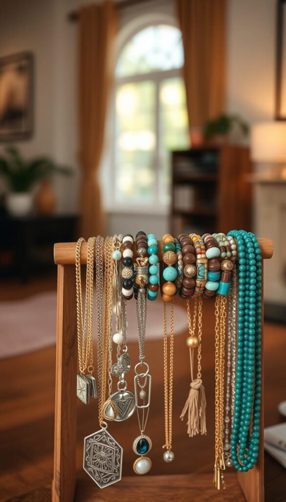 A beautifully organized display of necklaces and bracelets on an elegant wooden jewelry organizer. In the foreground, a variety of necklaces in different styles and materials—gold chains, silver pendants, and beaded designs—are elegantly arranged. The middle features colorful bracelets, showcasing artisanal craftsmanship with natural stones and intricate patterns. The background softly fades into a blurred, warm-toned room setting, filled with gentle, natural light pouring through a nearby window, highlighting the glimmer of the jewelry. The soft focus creates a cozy, inviting mood, emphasizing the beauty and organization of the pieces. A shallow depth of field enhances the detail on the jewelry while keeping the atmosphere serene and aesthetically pleasing. A beautifully organized display of necklaces and bracelets on an elegant wooden jewelry organizer. In the foreground, a variety of necklaces in different styles and materials—gold chains, silver pendants, and beaded designs—are elegantly arranged. The middle features colorful bracelets, showcasing artisanal craftsmanship with natural stones and intricate patterns. The background softly fades into a blurred, warm-toned room setting, filled with gentle, natural light pouring through a nearby window, highlighting the glimmer of the jewelry. The soft focus creates a cozy, inviting mood, emphasizing the beauty and organization of the pieces. A shallow depth of field enhances the detail on the jewelry while keeping the atmosphere serene and aesthetically pleasing.