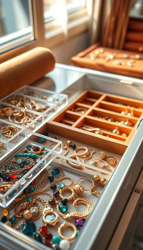 A beautifully organized drawer storage system designed for jewelry, showcasing stackable trays, dividers, and compartments. In the foreground, there are clear acrylic trays filled with colorful gemstones, gold necklaces, and delicate earrings, arranged neatly into distinct sections. The middle ground features wooden dividers, elegantly separating different types of jewelry, creating a visually appealing contrast against the elegant interior of the drawer. The background includes soft focus elements like a plush velvet jewelry roll and a faint hint of a lighted mirror, enhancing the luxurious atmosphere. The scene is well-lit with warm, natural light filtering from a nearby window, casting gentle shadows and highlighting the textures. The composition is viewed from a slight top-down angle, inviting the viewer to explore the organized beauty of the jewelry storage. A beautifully organized drawer storage system designed for jewelry, showcasing stackable trays, dividers, and compartments. In the foreground, there are clear acrylic trays filled with colorful gemstones, gold necklaces, and delicate earrings, arranged neatly into distinct sections. The middle ground features wooden dividers, elegantly separating different types of jewelry, creating a visually appealing contrast against the elegant interior of the drawer. The background includes soft focus elements like a plush velvet jewelry roll and a faint hint of a lighted mirror, enhancing the luxurious atmosphere. The scene is well-lit with warm, natural light filtering from a nearby window, casting gentle shadows and highlighting the textures. The composition is viewed from a slight top-down angle, inviting the viewer to explore the organized beauty of the jewelry storage.
