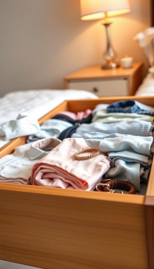 A beautifully organized dresser drawer, showcasing a variety of neatly folded clothing using the file-fold method. The foreground features a close-up of soft pastel-colored shirts and neatly arranged accessories, highlighting texture and color. In the middle, the open drawer, made of polished wood with a sleek handle, reveals an inspiring, tidy layout. The background shows a softly lit bedroom setting, with faint hints of a cozy atmosphere created by warm, natural lighting filtering in from a nearby window. The focus is on cleanliness and organization, evoking a sense of calm and order, with an inviting, serene mood that encourages viewers to replicate this organization technique. A beautifully organized dresser drawer, showcasing a variety of neatly folded clothing using the file-fold method. The foreground features a close-up of soft pastel-colored shirts and neatly arranged accessories, highlighting texture and color. In the middle, the open drawer, made of polished wood with a sleek handle, reveals an inspiring, tidy layout. The background shows a softly lit bedroom setting, with faint hints of a cozy atmosphere created by warm, natural lighting filtering in from a nearby window. The focus is on cleanliness and organization, evoking a sense of calm and order, with an inviting, serene mood that encourages viewers to replicate this organization technique.