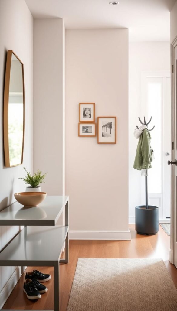 A beautifully organized entryway featuring a simple yet functional design. In the foreground, a stylish console table holds a small decorative bowl and a potted plant. To the left, a sleek bench provides seating, with a couple of neatly arranged shoes underneath. The middle ground shows a well-placed mirror reflecting the warm, natural light filtering through a nearby window, enhancing the sense of space. On the wall, a couple of framed art pieces add a personal touch. In the background, a coat rack stands elegantly, with a few neatly hung jackets, creating a welcoming atmosphere. The overall mood is inviting and practical, emphasizing simplicity and organization. The scene is lit with soft, diffused daylight, enhancing textures and colors, creating a harmonious and calm feel. A beautifully organized entryway featuring a simple yet functional design. In the foreground, a stylish console table holds a small decorative bowl and a potted plant. To the left, a sleek bench provides seating, with a couple of neatly arranged shoes underneath. The middle ground shows a well-placed mirror reflecting the warm, natural light filtering through a nearby window, enhancing the sense of space. On the wall, a couple of framed art pieces add a personal touch. In the background, a coat rack stands elegantly, with a few neatly hung jackets, creating a welcoming atmosphere. The overall mood is inviting and practical, emphasizing simplicity and organization. The scene is lit with soft, diffused daylight, enhancing textures and colors, creating a harmonious and calm feel.