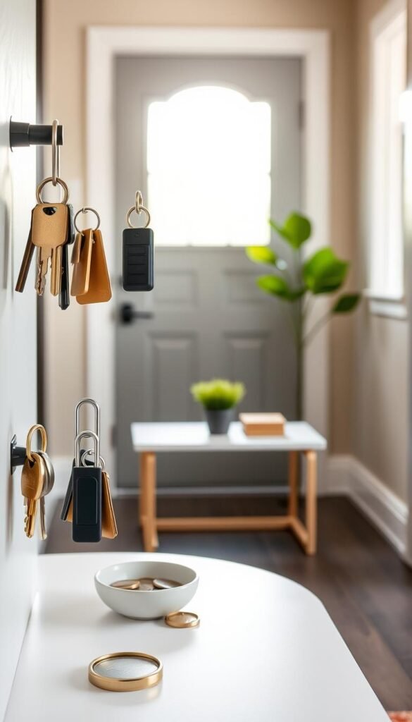 A beautifully organized entryway featuring an eclectic selection of keys displayed prominently on a modern, minimalist key rack. In the foreground, the keys glisten with various metallic finishes, including gold, silver, and matte black, showcasing their unique shapes. Nearby, a small, stylish bowl holds a few loose coins and a keychain in the shape of a house. The middle section of the image displays a sleek console table adorned with a small potted plant and a pair of neatly stacked coasters, adding a touch of greenery and warmth. The background features a softly blurred entry door with indirect natural light streaming through a nearby window, creating an inviting and serene atmosphere. The overall mood is calm and organized, encouraging a clutter-free lifestyle.