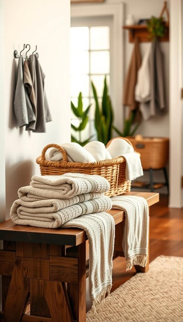 A beautifully organized entryway featuring an inviting display of plush hand towels. In the foreground, a neatly arranged stack of colorful, soft towels is artfully placed on a rustic wooden bench. In the middle, an elegant woven basket holds additional hand towels, creating a cozy atmosphere. The background shows a softly lit entryway with a stylish coat rack and a few potted plants, bringing warmth and life to the scene. The lighting is warm and natural, highlighting the textures of the towels and the wood grain of the bench. The angle is slightly elevated to capture the arrangement fully, evoking a welcoming, guest-ready vibe perfect for an entryway setting. The overall mood is inviting and organized, ideal for showcasing linen storage ideas. A beautifully organized entryway featuring an inviting display of plush hand towels. In the foreground, a neatly arranged stack of colorful, soft towels is artfully placed on a rustic wooden bench. In the middle, an elegant woven basket holds additional hand towels, creating a cozy atmosphere. The background shows a softly lit entryway with a stylish coat rack and a few potted plants, bringing warmth and life to the scene. The lighting is warm and natural, highlighting the textures of the towels and the wood grain of the bench. The angle is slightly elevated to capture the arrangement fully, evoking a welcoming, guest-ready vibe perfect for an entryway setting. The overall mood is inviting and organized, ideal for showcasing linen storage ideas.