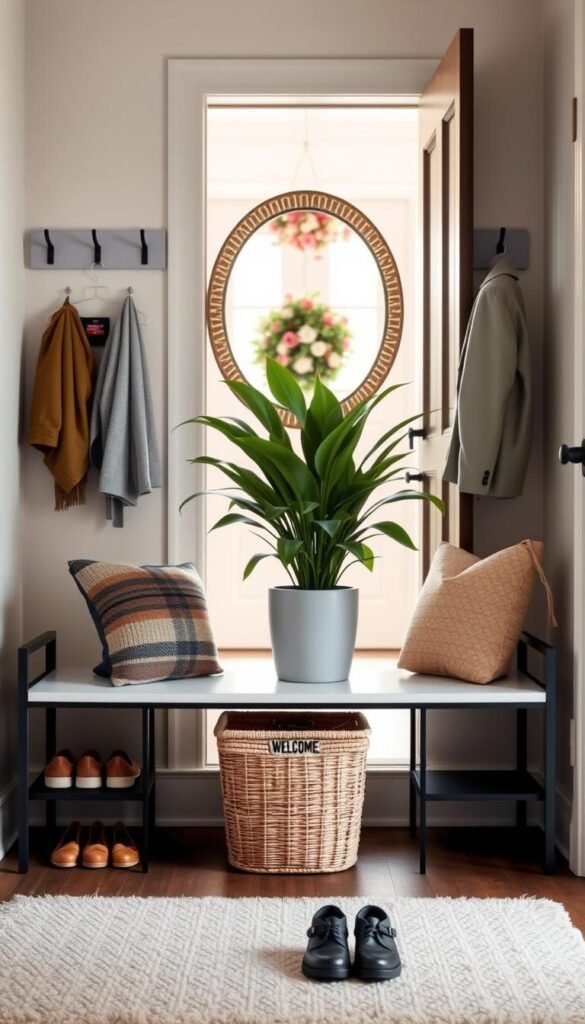 A beautifully organized home drop zone, featuring a stylish entryway with a sleek, modern bench and a wall-mounted coat rack. The foreground includes neatly arranged shoes and a cozy woven basket for hats and gloves. In the middle, a vibrant green potted plant adds life and color, flanked by a decorative mirror reflecting soft, natural light. The background showcases a welcoming doorway adorned with fresh flowers, inviting a sense of warmth and order. Use low-angle lighting to create a calm, tidy atmosphere, conveying a feeling of peace and organization that enhances the home’s functionality. The overall mood should be serene and visually appealing, emphasizing the importance of a well-maintained drop zone. A beautifully organized home drop zone, featuring a stylish entryway with a sleek, modern bench and a wall-mounted coat rack. The foreground includes neatly arranged shoes and a cozy woven basket for hats and gloves. In the middle, a vibrant green potted plant adds life and color, flanked by a decorative mirror reflecting soft, natural light. The background showcases a welcoming doorway adorned with fresh flowers, inviting a sense of warmth and order. Use low-angle lighting to create a calm, tidy atmosphere, conveying a feeling of peace and organization that enhances the home’s functionality. The overall mood should be serene and visually appealing, emphasizing the importance of a well-maintained drop zone.