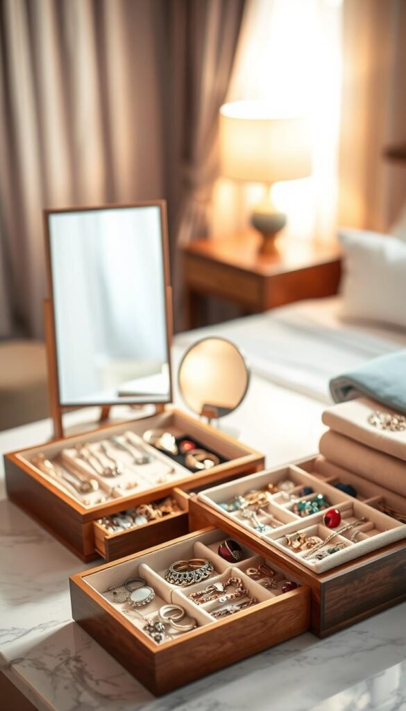 A beautifully organized jewelry storage solution showcasing an elegant wooden jewelry box on a stylish marble countertop. In the foreground, the jewelry box is open, revealing a variety of neatly arranged jewelry pieces: sparkling necklaces, colorful earrings, and delicate rings, each with its own section. In the middle ground, there are neatly stacked velvet trays filled with various accessories, complemented by a stylish small mirror reflecting soft, natural lighting. The background features a serene, softly blurred bedroom setting with pastel hues and subtle textures, enhancing the inviting atmosphere. The overall mood conveys a sense of elegance and tranquility, perfect for showcasing creative jewelry organization. The lighting is warm and bright, highlighting the shimmer of the jewelry, captured with a shallow depth of field to draw attention to the details. A beautifully organized jewelry storage solution showcasing an elegant wooden jewelry box on a stylish marble countertop. In the foreground, the jewelry box is open, revealing a variety of neatly arranged jewelry pieces: sparkling necklaces, colorful earrings, and delicate rings, each with its own section. In the middle ground, there are neatly stacked velvet trays filled with various accessories, complemented by a stylish small mirror reflecting soft, natural lighting. The background features a serene, softly blurred bedroom setting with pastel hues and subtle textures, enhancing the inviting atmosphere. The overall mood conveys a sense of elegance and tranquility, perfect for showcasing creative jewelry organization. The lighting is warm and bright, highlighting the shimmer of the jewelry, captured with a shallow depth of field to draw attention to the details.
