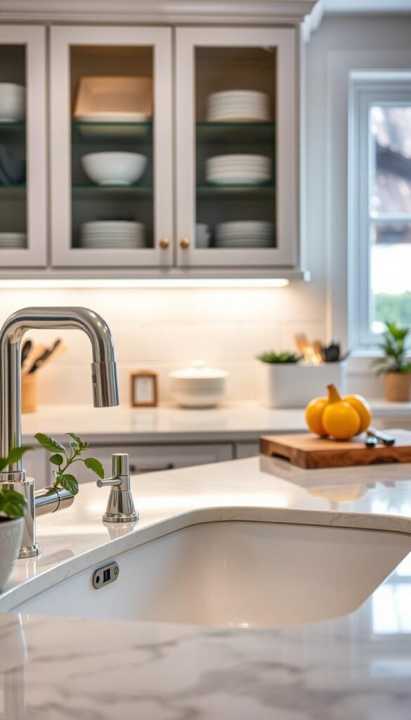 A beautifully organized kitchen counter featuring a stylish sink, surrounded by neatly arranged dishware and kitchen essentials. In the foreground, the sink glistens under soft, warm lighting, revealing a few clean dishes and a potted herb for a touch of greenery. The middle layer showcases a clean countertop made of polished marble, displaying a decorative fruit bowl and a cutting board with neatly arranged utensils. In the background, soft-focus cabinets with glass doors hold neatly stacked dishes, and a window allows gentle natural light to filter in, creating a bright and inviting atmosphere. The scene exudes a sense of calm and order, perfect for illustrating a tidy home routine. A beautifully organized kitchen counter featuring a stylish sink, surrounded by neatly arranged dishware and kitchen essentials. In the foreground, the sink glistens under soft, warm lighting, revealing a few clean dishes and a potted herb for a touch of greenery. The middle layer showcases a clean countertop made of polished marble, displaying a decorative fruit bowl and a cutting board with neatly arranged utensils. In the background, soft-focus cabinets with glass doors hold neatly stacked dishes, and a window allows gentle natural light to filter in, creating a bright and inviting atmosphere. The scene exudes a sense of calm and order, perfect for illustrating a tidy home routine.