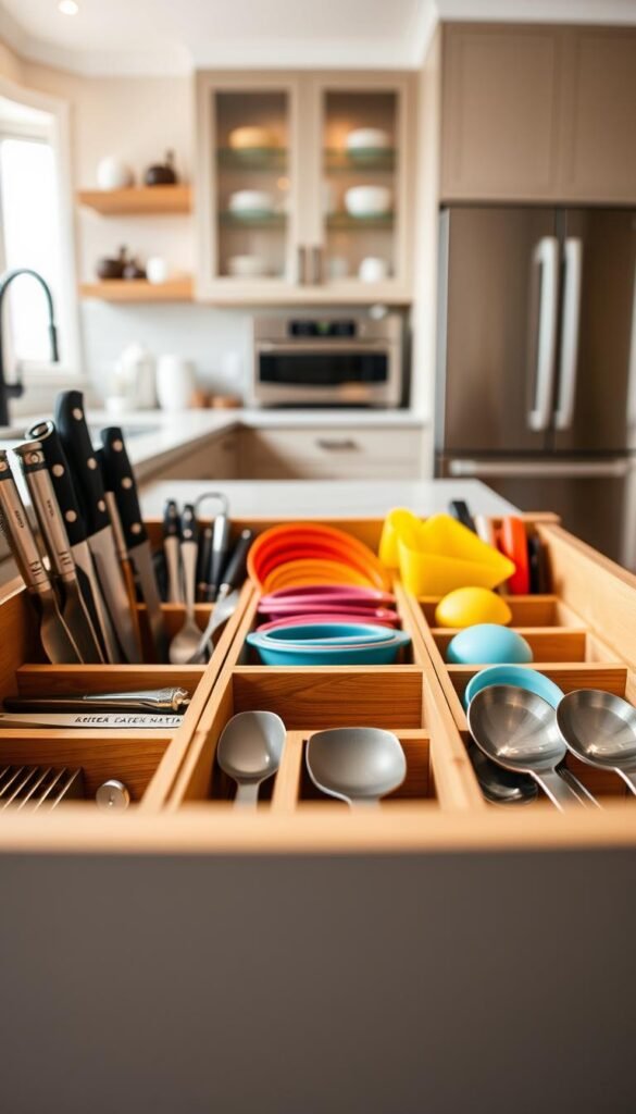 A beautifully organized kitchen drawer featuring elegant dividers and shallow organizers showcasing various utensils, cutlery, and kitchen gadgets. In the foreground, focus on a set of sleek bamboo dividers aligned perfectly, creating distinct sections for knives, spatulas, and measuring spoons. The middle area reveals an assortment of colorful silicone baking mats and measuring cups neatly arranged within the organizers. In the background, a soft-focus kitchen environment with modern cabinetry and subtle warm lighting enhances the inviting atmosphere. The lighting is bright and natural, with sunlight filtering through a nearby window, creating gentle shadows and highlights. Capture the essence of efficiency and simplicity in this harmonious kitchen storage solution.