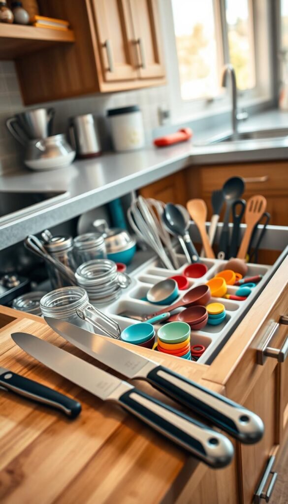 A beautifully organized kitchen drawer filled with various utensils, measuring cups, and neatly stacked kitchen gadgets. In the foreground, a wooden cutting board is set next to the drawer, showcasing a pair of polished stainless steel knives and a colorful assortment of measuring spoons. The middle layer features the open kitchen drawer, its contents meticulously arranged with dividers separating spatulas, whisks, and wooden spoons, creating a sense of harmony and order. The background reveals a softly lit kitchen environment with warm, natural light coming from a nearby window, highlighting the wooden cabinets and tile backsplash. This image conveys a clean, organized, and inviting atmosphere, perfect for illustrating effective kitchen organization. A beautifully organized kitchen drawer filled with various utensils, measuring cups, and neatly stacked kitchen gadgets. In the foreground, a wooden cutting board is set next to the drawer, showcasing a pair of polished stainless steel knives and a colorful assortment of measuring spoons. The middle layer features the open kitchen drawer, its contents meticulously arranged with dividers separating spatulas, whisks, and wooden spoons, creating a sense of harmony and order. The background reveals a softly lit kitchen environment with warm, natural light coming from a nearby window, highlighting the wooden cabinets and tile backsplash. This image conveys a clean, organized, and inviting atmosphere, perfect for illustrating effective kitchen organization.