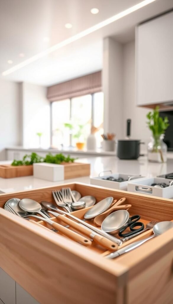 A beautifully organized kitchen drawer, prominently featured in the foreground, showcasing various utensils and kitchen gadgets neatly arranged in specific zones. The drawer has a light wood finish, allowing a warm glow from soft, diffused overhead LED lighting that enhances the colors of stainless steel spoons, wooden spatulas, and measuring cups. In the middle ground, there are labeled dividers and organizers that clearly define the space for utensils, cooking tools, and other kitchen essentials. The background includes a glimpse of a modern kitchen counter adorned with fresh herbs and a hint of sunlight streaming through a nearby window, contributing to a clean, inviting atmosphere. The overall mood is one of calm and order, emphasizing the ease of finding essential tools while cooking. A beautifully organized kitchen drawer, prominently featured in the foreground, showcasing various utensils and kitchen gadgets neatly arranged in specific zones. The drawer has a light wood finish, allowing a warm glow from soft, diffused overhead LED lighting that enhances the colors of stainless steel spoons, wooden spatulas, and measuring cups. In the middle ground, there are labeled dividers and organizers that clearly define the space for utensils, cooking tools, and other kitchen essentials. The background includes a glimpse of a modern kitchen counter adorned with fresh herbs and a hint of sunlight streaming through a nearby window, contributing to a clean, inviting atmosphere. The overall mood is one of calm and order, emphasizing the ease of finding essential tools while cooking.