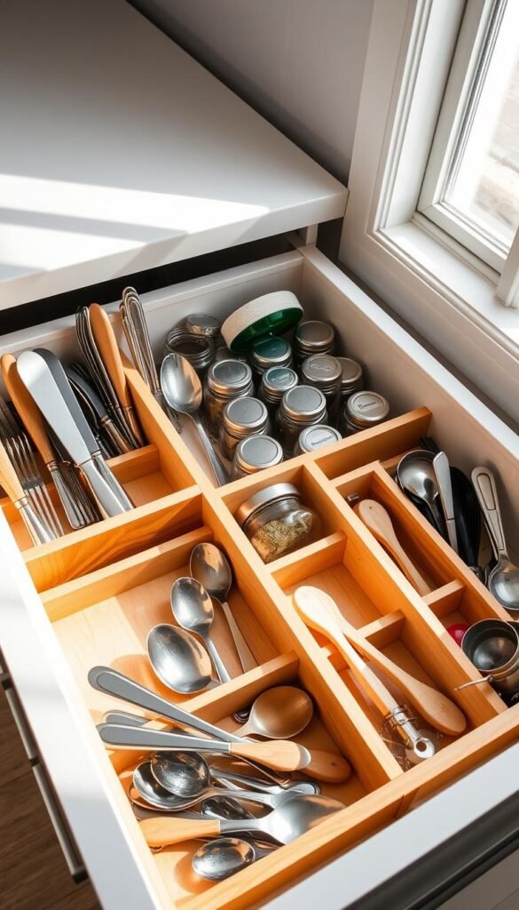 A beautifully organized kitchen drawer, seamlessly showcasing a variety of kitchen utensils, spices, and gadgets arranged in neat compartments. In the foreground, wooden cutlery dividers bisect the drawer, holding shiny stainless steel knives, forks, and spoons, alongside colorful measuring spoons. The middle section reveals jars labeled with herbs and spices, adding a pop of color and structure. The background features a slightly open drawer, allowing a glimpse of more organized spaces. Natural light filters in from an adjacent window, casting soft shadows that enhance the serene atmosphere. The angle captures the drawer from a slight top perspective, emphasizing both organization and accessibility, creating a calm and inviting mood ideal for an organized kitchen space. A beautifully organized kitchen drawer, seamlessly showcasing a variety of kitchen utensils, spices, and gadgets arranged in neat compartments. In the foreground, wooden cutlery dividers bisect the drawer, holding shiny stainless steel knives, forks, and spoons, alongside colorful measuring spoons. The middle section reveals jars labeled with herbs and spices, adding a pop of color and structure. The background features a slightly open drawer, allowing a glimpse of more organized spaces. Natural light filters in from an adjacent window, casting soft shadows that enhance the serene atmosphere. The angle captures the drawer from a slight top perspective, emphasizing both organization and accessibility, creating a calm and inviting mood ideal for an organized kitchen space.