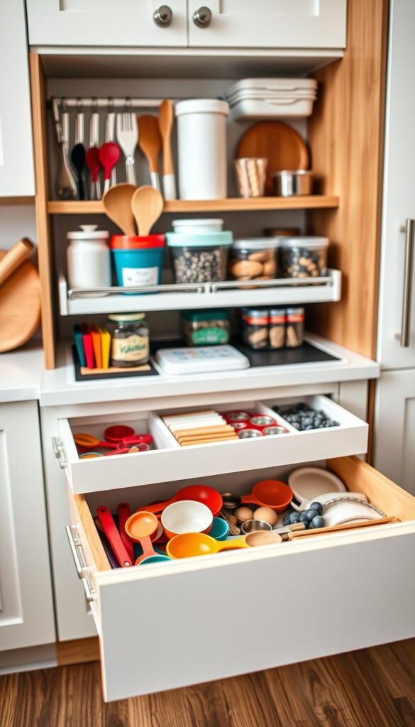 A beautifully organized kitchen drawer system, featuring an array of neatly arranged utensils, containers, and kitchen tools. In the foreground, showcase a close-up view of a pull-out drawer filled with colorful measuring spoons, cutting boards, and a spice rack. The middle layer features multiple drawers sliding open, revealing different organizing compartments designed for quick access to cooking essentials. The background includes a softly lit kitchen setting with light-colored cabinetry and warm wood accents. The atmosphere is inviting and functional, evoking a sense of practicality and simplicity. Soft, natural lighting enhances the texture of the utensils and wood, creating a cozy, organized feel. Use a shallow depth of field to focus on the drawer system while gently blurring the kitchen backdrop. A beautifully organized kitchen drawer system, featuring an array of neatly arranged utensils, containers, and kitchen tools. In the foreground, showcase a close-up view of a pull-out drawer filled with colorful measuring spoons, cutting boards, and a spice rack. The middle layer features multiple drawers sliding open, revealing different organizing compartments designed for quick access to cooking essentials. The background includes a softly lit kitchen setting with light-colored cabinetry and warm wood accents. The atmosphere is inviting and functional, evoking a sense of practicality and simplicity. Soft, natural lighting enhances the texture of the utensils and wood, creating a cozy, organized feel. Use a shallow depth of field to focus on the drawer system while gently blurring the kitchen backdrop.