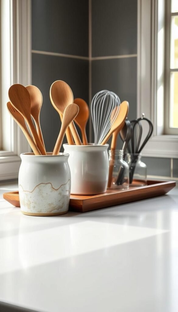 A beautifully organized kitchen scene featuring a ceramic utensil crock filled with wooden spoons, spatulas, and whisks, situated on a sleek wooden adjustable tray. The tray is designed to hold multiple utensils while being easily reconfigurable to fit the space. In the foreground, the crock is detailed with subtle textures and colors adding warmth to the scene. The middle ground showcases the adjustable tray, with the utensils arranged neatly for easy access. In the background, soft natural light filters in through a window, casting gentle shadows and illuminating the space, creating a cozy and inviting atmosphere. The scene is viewed from a slightly elevated angle to showcase both the crock and tray effectively, highlighting their practicality and aesthetic appeal in a small kitchen environment.