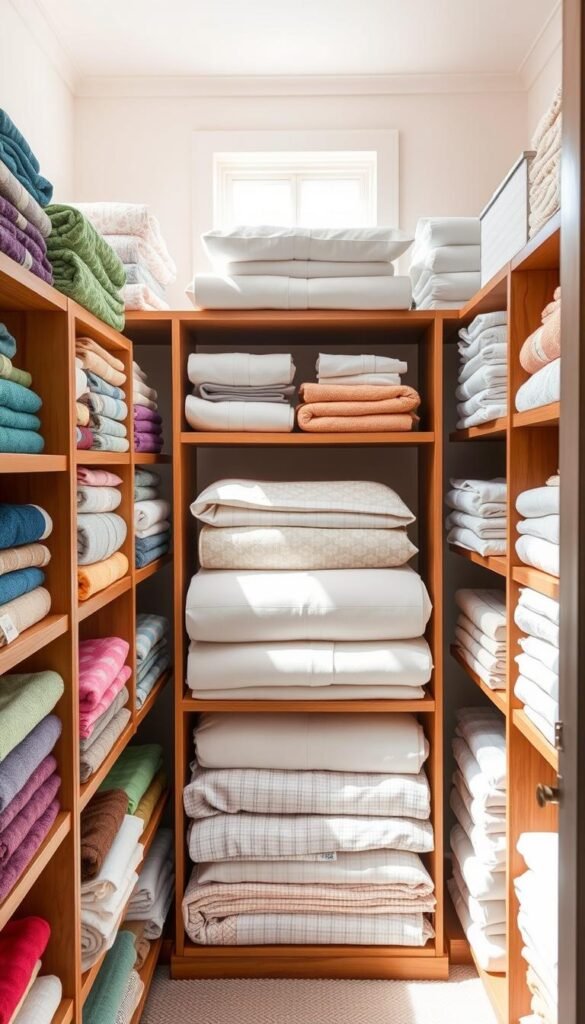 A beautifully organized linen closet filled with neatly folded towels and linens. In the foreground, colorful sets of bath towels are arranged by color and size, stacked neatly on wooden shelves. Towels are grouped together and labeled with elegant tags. In the middle, soft cotton sheets in various patterns are neatly folded, and matching pillowcases are placed on top of them. The background features a calming wall painted in soft pastel colors, creating a serene atmosphere. Natural light streams through a small window, illuminating the closet's contents, creating gentle shadows that emphasize the textures of the fabrics. The overall mood is one of organization and tranquility, inviting a sense of calm and order. A beautifully organized linen closet filled with neatly folded towels and linens. In the foreground, colorful sets of bath towels are arranged by color and size, stacked neatly on wooden shelves. Towels are grouped together and labeled with elegant tags. In the middle, soft cotton sheets in various patterns are neatly folded, and matching pillowcases are placed on top of them. The background features a calming wall painted in soft pastel colors, creating a serene atmosphere. Natural light streams through a small window, illuminating the closet's contents, creating gentle shadows that emphasize the textures of the fabrics. The overall mood is one of organization and tranquility, inviting a sense of calm and order.