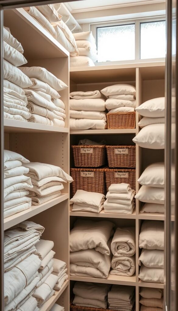 A beautifully organized linen closet filled with neatly stacked sheets, plush blankets, and fluffy pillows. In the foreground, a collection of neatly folded towels in soft pastel shades, arranged on an open shelf. The middle section showcases various neatly labeled baskets containing different types of linens, all within reach. The shelves are visually balanced and well-lit, creating a serene and inviting atmosphere. In the background, soft natural light floods through a frosted window, casting gentle shadows. The scene is captured from a slight angle, emphasizing depth and organization. The overall mood is calm and peaceful, reflecting a well-maintained and functional space dedicated to linen storage. A beautifully organized linen closet filled with neatly stacked sheets, plush blankets, and fluffy pillows. In the foreground, a collection of neatly folded towels in soft pastel shades, arranged on an open shelf. The middle section showcases various neatly labeled baskets containing different types of linens, all within reach. The shelves are visually balanced and well-lit, creating a serene and inviting atmosphere. In the background, soft natural light floods through a frosted window, casting gentle shadows. The scene is captured from a slight angle, emphasizing depth and organization. The overall mood is calm and peaceful, reflecting a well-maintained and functional space dedicated to linen storage.