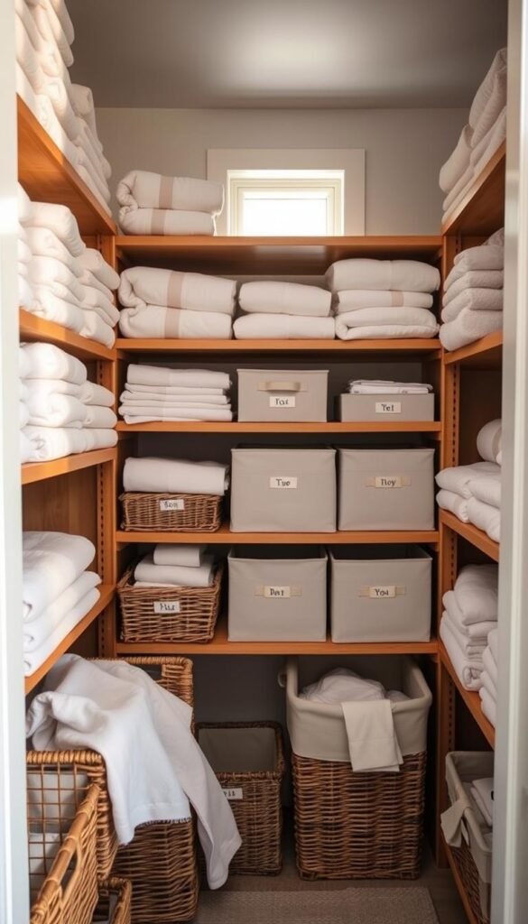 A beautifully organized linen closet, showcasing a range of soft, pastel-colored towels neatly folded and stacked on wooden shelves. In the foreground, a collection of wicker baskets and stylish fabric bins, each filled with various linens, adds practicality and reduces visual clutter. The middle section features neatly arranged boxes labeled with tags, exuding an inviting and tidy atmosphere. The background displays soft, ambient lighting filtering through a small window, casting gentle shadows that enhance the serene mood. The angle is slightly elevated, allowing a clear view of the meticulously organized shelves and containers, creating a sense of calm and order. The overall ambiance conveys a serene and inviting space perfect for towel and linen storage. A beautifully organized linen closet, showcasing a range of soft, pastel-colored towels neatly folded and stacked on wooden shelves. In the foreground, a collection of wicker baskets and stylish fabric bins, each filled with various linens, adds practicality and reduces visual clutter. The middle section features neatly arranged boxes labeled with tags, exuding an inviting and tidy atmosphere. The background displays soft, ambient lighting filtering through a small window, casting gentle shadows that enhance the serene mood. The angle is slightly elevated, allowing a clear view of the meticulously organized shelves and containers, creating a sense of calm and order. The overall ambiance conveys a serene and inviting space perfect for towel and linen storage.