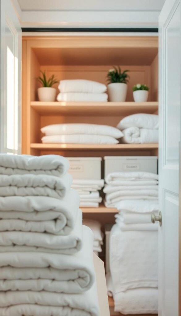 A beautifully organized linen closet showcasing neatly stacked towels and fresh linens in soft pastel colors. In the foreground, fluffy white towels are arranged in a gradient, creating a cozy and inviting feel. In the middle, shelves display neatly folded bed linens and decorative storage bins labeled for easy access. The background features light wood shelving and a subtle hint of greenery from small potted plants, adding a touch of freshness. The lighting is soft and natural, emulating the warm glow of morning light, which enhances the serene ambiance. The angle captures the closet slightly from above, emphasizing order and simplicity, conveying a mood of tranquility and decluttering efficiency in a space designed for relaxation. A beautifully organized linen closet showcasing neatly stacked towels and fresh linens in soft pastel colors. In the foreground, fluffy white towels are arranged in a gradient, creating a cozy and inviting feel. In the middle, shelves display neatly folded bed linens and decorative storage bins labeled for easy access. The background features light wood shelving and a subtle hint of greenery from small potted plants, adding a touch of freshness. The lighting is soft and natural, emulating the warm glow of morning light, which enhances the serene ambiance. The angle captures the closet slightly from above, emphasizing order and simplicity, conveying a mood of tranquility and decluttering efficiency in a space designed for relaxation.