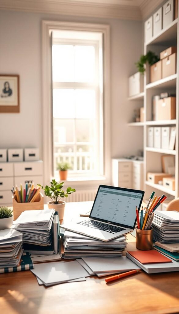 A beautifully organized mail station in a bright, modern home office. In the foreground, there is a stylish wooden desk cluttered with neatly arranged mail organizers, colorful file folders, and an attractive stationery set. A small potted plant adds a touch of greenery. In the middle, a clear view of an open window allows natural light to flood the room, casting soft shadows. On the desk, an open laptop displays a user-friendly mail management app. In the background, shelves filled with neatly labeled boxes and books create a sense of order. The overall atmosphere is calm and productive, enveloped in warm lighting to evoke a welcoming and efficient workspace. The scene should be shot from a slightly elevated angle to highlight the mail station's design and organization. A beautifully organized mail station in a bright, modern home office. In the foreground, there is a stylish wooden desk cluttered with neatly arranged mail organizers, colorful file folders, and an attractive stationery set. A small potted plant adds a touch of greenery. In the middle, a clear view of an open window allows natural light to flood the room, casting soft shadows. On the desk, an open laptop displays a user-friendly mail management app. In the background, shelves filled with neatly labeled boxes and books create a sense of order. The overall atmosphere is calm and productive, enveloped in warm lighting to evoke a welcoming and efficient workspace. The scene should be shot from a slightly elevated angle to highlight the mail station's design and organization.