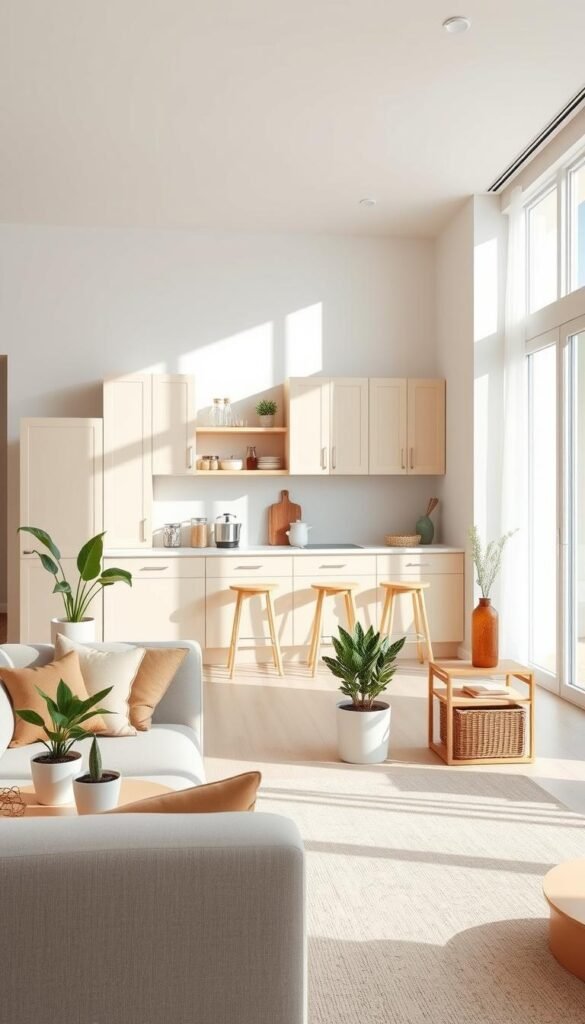 A beautifully organized, minimalist home interior showcasing effective room systems for cleaning. In the foreground, a tidy living room with a neutral sofa and light wooden furniture, accented with potted plants and stylish storage solutions. The middle section reveals an open kitchen with clear countertops and labeled jars for easy access, while organized cabinets present a clutter-free environment. In the background, light streams through large windows, enhancing the airy, spacious feel. Soft shadows create a cozy atmosphere, emphasizing the simplicity and functionality of the space. The composition is inviting and serene, captured with a wide-angle lens to give a sense of openness. Overall, the scene should evoke a calm and efficient approach to maintaining a clean and minimalist lifestyle. A beautifully organized, minimalist home interior showcasing effective room systems for cleaning. In the foreground, a tidy living room with a neutral sofa and light wooden furniture, accented with potted plants and stylish storage solutions. The middle section reveals an open kitchen with clear countertops and labeled jars for easy access, while organized cabinets present a clutter-free environment. In the background, light streams through large windows, enhancing the airy, spacious feel. Soft shadows create a cozy atmosphere, emphasizing the simplicity and functionality of the space. The composition is inviting and serene, captured with a wide-angle lens to give a sense of openness. Overall, the scene should evoke a calm and efficient approach to maintaining a clean and minimalist lifestyle.