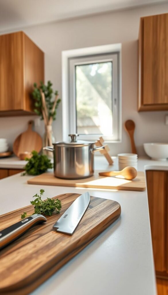 A beautifully organized minimalist kitchen scene showcasing essential cooking tools and utensils. In the foreground, a sleek wooden cutting board is adorned with a sharp, modern chef's knife and a few fresh herbs, creating a touch of color. In the middle, a classic stainless steel pot and a clean white ceramic bowl sit atop a neutral countertop, alongside a wooden spoon and measuring cups arranged neatly. Soft natural light streams in from a window in the background, highlighting the warm tones of the cabinetry and the simplicity of the decor. The atmosphere feels warm and inviting, promoting a sense of calm and functionality, perfect for inspiring a minimalist lifestyle. The angle should be slightly above the countertop, providing a clear view of the organized essentials without any distractions. A beautifully organized minimalist kitchen scene showcasing essential cooking tools and utensils. In the foreground, a sleek wooden cutting board is adorned with a sharp, modern chef's knife and a few fresh herbs, creating a touch of color. In the middle, a classic stainless steel pot and a clean white ceramic bowl sit atop a neutral countertop, alongside a wooden spoon and measuring cups arranged neatly. Soft natural light streams in from a window in the background, highlighting the warm tones of the cabinetry and the simplicity of the decor. The atmosphere feels warm and inviting, promoting a sense of calm and functionality, perfect for inspiring a minimalist lifestyle. The angle should be slightly above the countertop, providing a clear view of the organized essentials without any distractions.