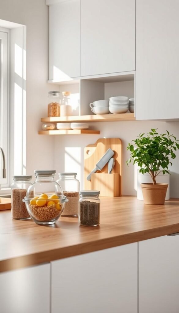 A beautifully organized minimalist kitchen, showcasing simple and effective organizing systems. In the foreground, a wooden countertop displays neatly arranged glass containers filled with grains and spices, along with a stylish fruit bowl. The middle section features open shelves with coordinated dishware and a sleek knife block, while a bamboo cutting board adds warmth. In the background, cabinets with clean lines enhance the minimalist aesthetic, and a potted herb plant brings a touch of greenery. Soft natural lighting streams through a nearby window, casting gentle shadows, creating a serene and inviting atmosphere. The composition captures a sense of calm efficiency, highlighting the essentials for a clutter-free cooking space. A beautifully organized minimalist kitchen, showcasing simple and effective organizing systems. In the foreground, a wooden countertop displays neatly arranged glass containers filled with grains and spices, along with a stylish fruit bowl. The middle section features open shelves with coordinated dishware and a sleek knife block, while a bamboo cutting board adds warmth. In the background, cabinets with clean lines enhance the minimalist aesthetic, and a potted herb plant brings a touch of greenery. Soft natural lighting streams through a nearby window, casting gentle shadows, creating a serene and inviting atmosphere. The composition captures a sense of calm efficiency, highlighting the essentials for a clutter-free cooking space.