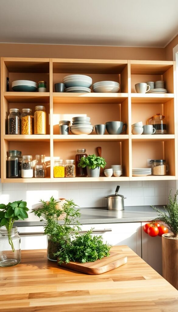 A beautifully organized open shelving unit in a modern kitchen setting, featuring neatly arranged glass jars, colorful spices, and fresh herbs in pots. The foreground showcases an inviting wooden countertop where a cutting board and fresh produce are displayed. In the middle, the open shelves are made of light wood, adorned with stylish kitchenware including ceramic bowls and elegant mugs. The background includes a softly blurred kitchen wall painted in a warm, neutral tone. Natural light streams in through a window, casting gentle shadows and creating a bright, airy atmosphere. The angle captures a slight bird's-eye view, highlighting the functionality and aesthetic beauty of open shelving. The mood is cozy and inviting, perfect for warm family gatherings and culinary creativity. A beautifully organized open shelving unit in a modern kitchen setting, featuring neatly arranged glass jars, colorful spices, and fresh herbs in pots. The foreground showcases an inviting wooden countertop where a cutting board and fresh produce are displayed. In the middle, the open shelves are made of light wood, adorned with stylish kitchenware including ceramic bowls and elegant mugs. The background includes a softly blurred kitchen wall painted in a warm, neutral tone. Natural light streams in through a window, casting gentle shadows and creating a bright, airy atmosphere. The angle captures a slight bird's-eye view, highlighting the functionality and aesthetic beauty of open shelving. The mood is cozy and inviting, perfect for warm family gatherings and culinary creativity.